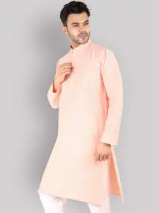 Latest Chikan Garments Men Peach Solid Straight Cotton Kurta