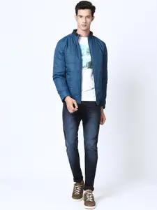 t-base Men Teal Solid Polyester Padded Jacket