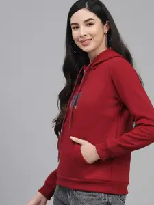 Kotty Women Maroon Printed Hooded Fleece Sweatshirt
