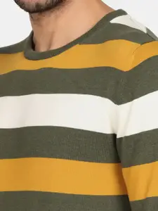 Blackberrys Men Olive Green & White Striped Striped Pullover