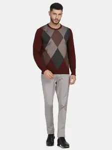 Blackberrys Men Burgundy & Grey Printed Round Neck Wool Pullover