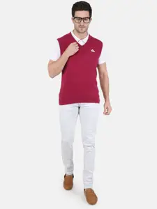 Monte Carlo Men Maroon Solid V-Neck Wool Sweater Vest