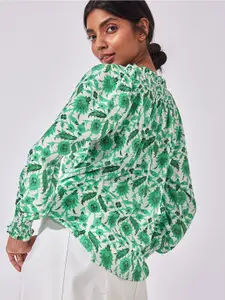 The Label Life Green & White Leaf Print Tie-Up Neck Crepe Top