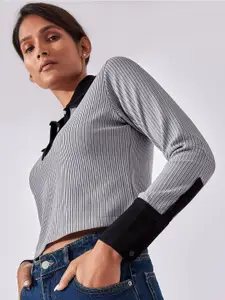 The Label Life Women Grey & Black Striped Shirt Collar Crop Top