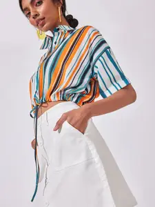 The Label Life Coral & Blue Striped Extended Sleeves Crop Shirt Style Top