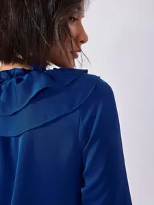The Label Life Blue Tie-Up Neck Ruffles Satin Top