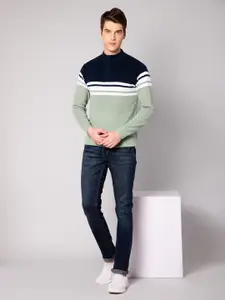 Cantabil Men Green Striped Long Sleeves Fashion