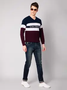 Cantabil Men Purple & White Colourblocked Colourblocked Pullover