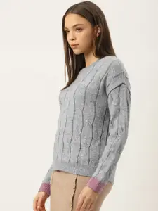 Madame Women Grey Melange Cable Knit Pullover
