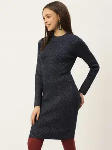 Madame Women Navy Blue Solid Longline Sweater