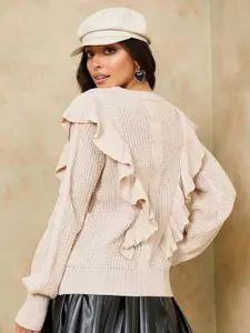 Styli Women Beige Regular Length Volume Sleeves Ruffle Detail Regular Fit Sweater
