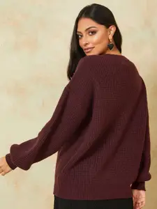 Styli Women Purple Oversized V Neck Knitted Regular Length Sweater