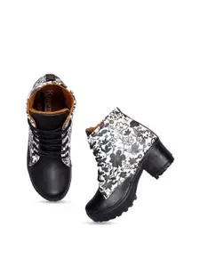 Krafter Women Black & White Printed Synthetic Leather Casual Boots
