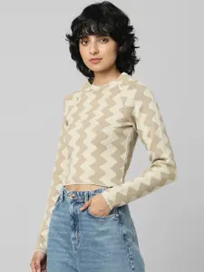 ONLY Women Beige & Brown Chevron Printed Crop Pullover