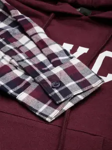 FOREVER 21 Women Maroon Typography Printed Hooded Sweatshirt with Contrast Sleeves