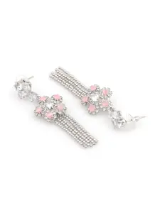 AccessHer Silver-Toned & Pink Silver-Plated Stone Studded Floral Drop Earrings