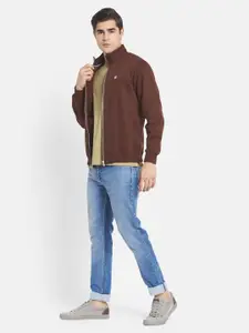 Octave Men Brown Solid Fleece Front-Open Sweatshirt