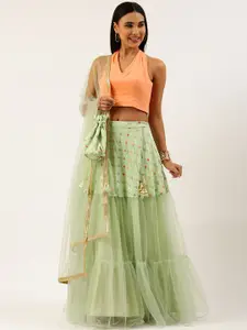 Ethnovog Peach-Coloured  Green Sequinned Ready to Wear Lehenga  Blouse With Dupatta  Potli Bag