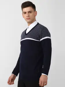 Van Heusen Men Navy Blue & White Pullover Sweater