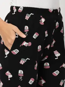 Sweet Dreams Women Black Printed Pure Cotton Lounge Pants