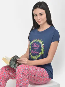 LYRA Women Pink & Blue Printed Pure Cotton Night suit