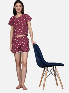 BStories Women Maroon & White Printed Pure Cotton Nightsuit