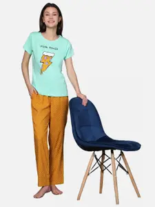 BStories Women Green & Orange Printed Night suit