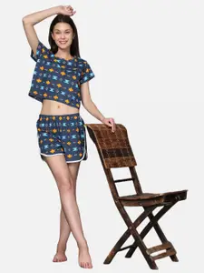 BStories Women Navy Blue & Orange Printed Night suit