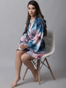 Claura Women Blue & Pink Printed Lounge Robe