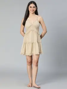 Oxolloxo Women Beige Ruffled Nightdress