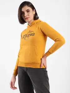 Campus Sutra Women Mustard Yellow Printed Hooded Sweatshirt