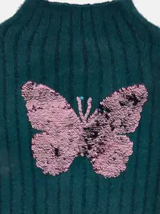 Pantaloons Junior Girls Teal & Pink Pullover with Embellished Detail