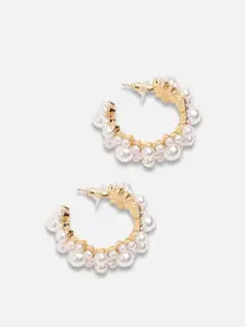 SOHI Women Gold-Toned & White Contemporary Half Hoop Earrings
