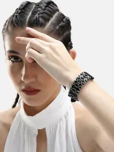 SOHI Women Black & Silver-Toned Leather Wraparound Bracelet