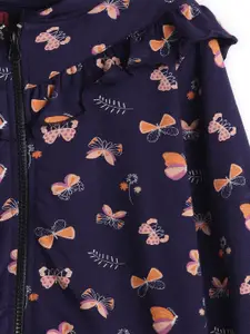 UNDER FOURTEEN ONLY Girls Navy Blue & Orange Printed Hooded Cotton Sweatshirt