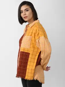 FOREVER 21 Women Orange Checked Cotton Casual Shirt