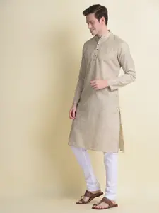 NAMASKAR Men Cream-Coloured Linen Kurta with Churidar