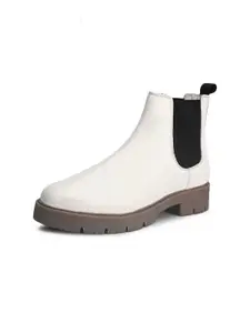 DressBerry Women White & Black Colourblocked Faux Leather Chelsea Boots
