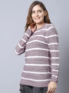 GRACIT Women Purple & White Striped Wool Cardigan Sweater