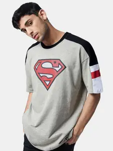 The Souled Store Men Grey Superman Printed Drop-Shoulder Sleeves Applique Oversized T-Shirt