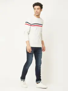 Crimsoune Club Men White & Black Striped Pure Cotton Pullover