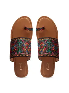 PANAHI Women Red Ethnic One Toe Flats with Embroidered