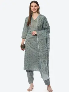 Biba Women Grey & Gold-Toned Printed Cotton Blend Unstitched Dress Material