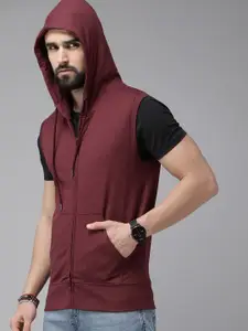 Roadster Men Burgundy Solid Hooded Sweatshirt