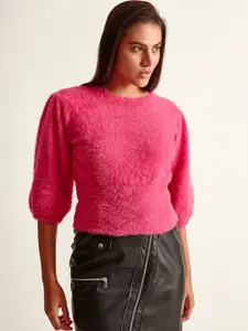 COVER STORY Women Pink Crop Pullover With Fuzzy Detail