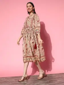Ishin Beige & Floral Keyhole Neck A-Line Midi Dress
