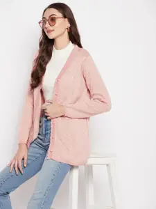 Madame Women Peach-Coloured Self Design Wool Cardigan Sweater