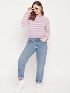 Madame Women Mauve & White Striped Wool Pullover Sweater