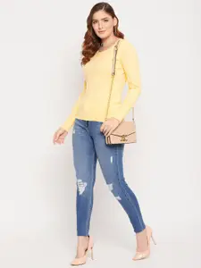 Madame Women Yellow Solid Woolen Pullover