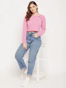 Madame Women Pink Crop Woolen Pullover with Fuzzy Detail